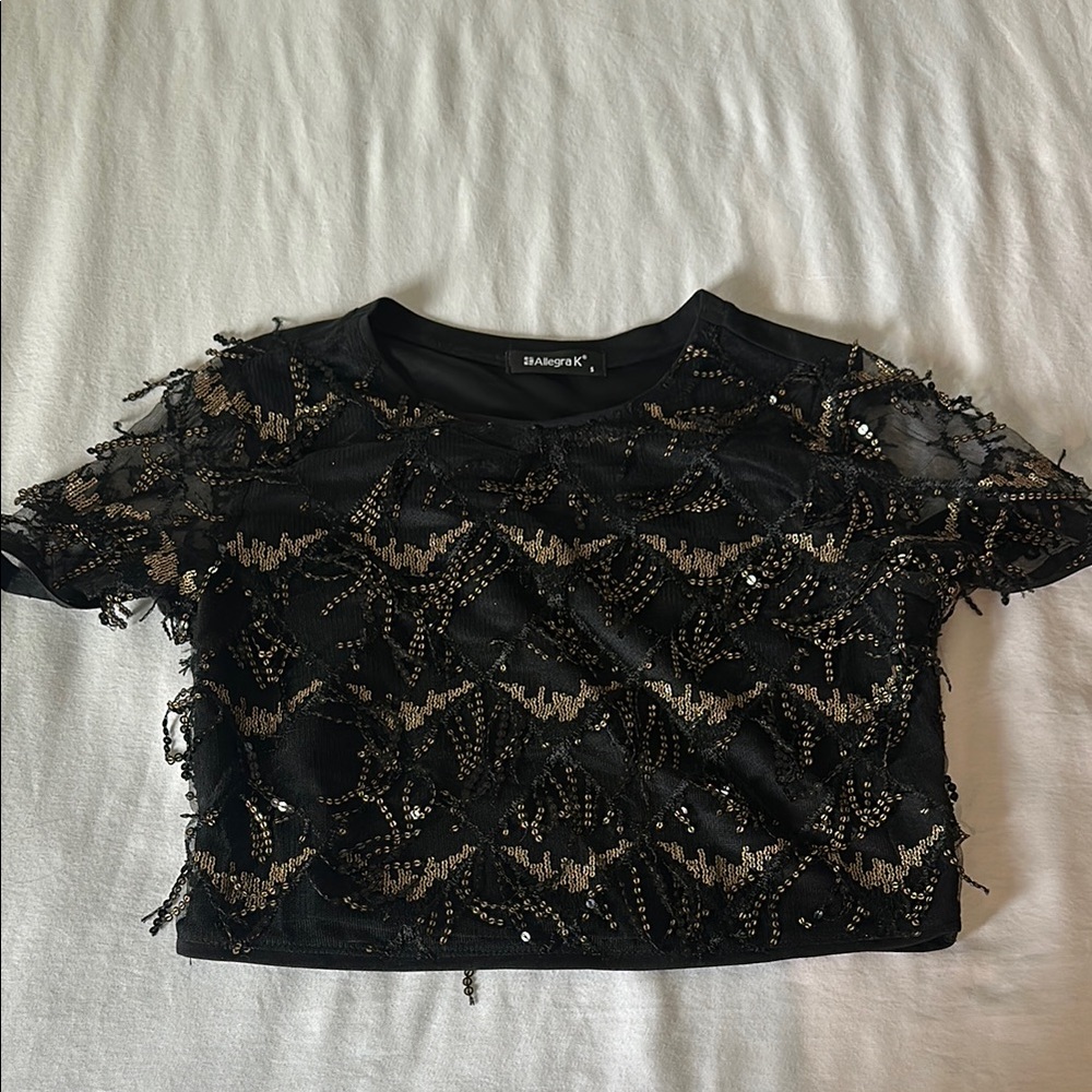 Allegra K Crop Top in Black and Gold Sequins